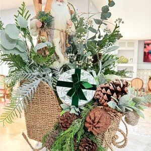 Holiday Santa with woven wicker sleigh and Green and Brown Details